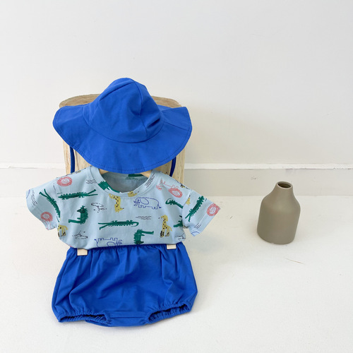 0-3 years old baby set with hat  summer Korean version animal print baby and children short-sleeved triangle shorts set