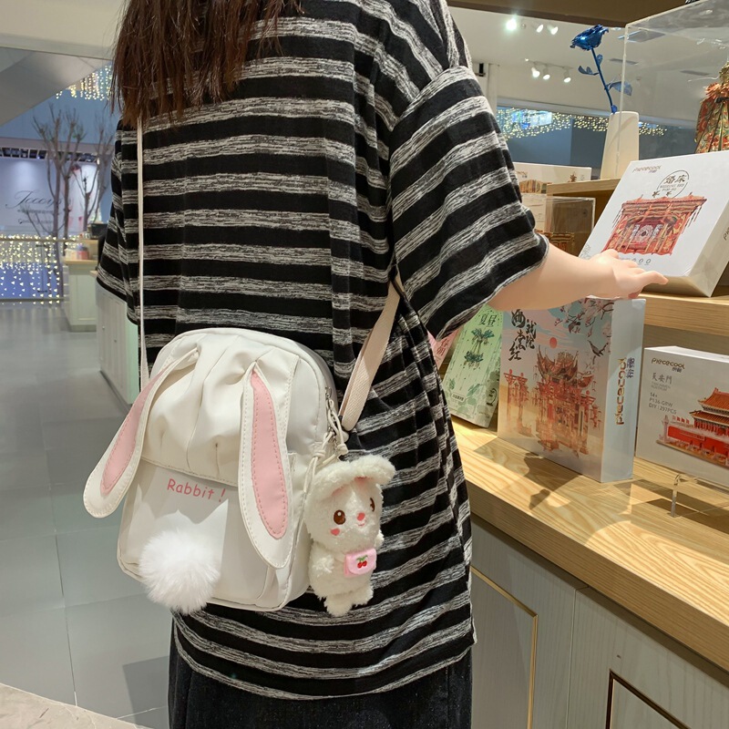 Ins Style Crossbody Bag for Female Students, Fashionable Little Rabbit Cute Girl Small Square Bag, Japanese Style Sweet Canvas Shoulder Bag Ins Style Crossbody Bag for Female Students, Fashionable Little Rabbit Cute Girl Small Square Bag, Japanese Style Sweet Canvas Shoulder Bag