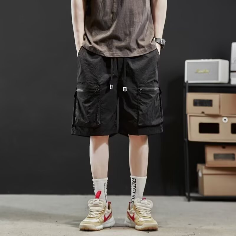 Summer Thin Quick-Dry Multi-Pocket Solid Color Loose Straight Cargo Shorts Men's Casual Sports Trendy Brand Knee-Length Shorts