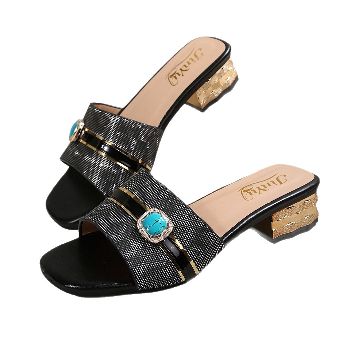 Sandalias de Tacón Alto para Mujer de Cuero Artificial con Puntera Cuadrada y Tacón Grueso para Verano