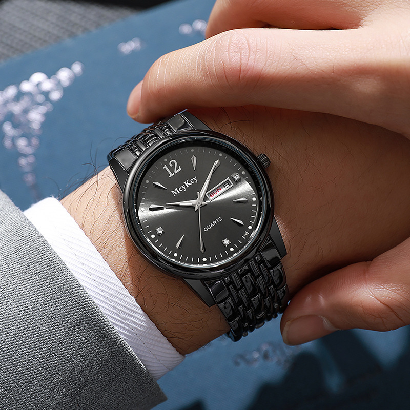 McyKcy marca cinturón de acero aleación reloj de negocios muestra calendario semana transfronterizo al por mayor reloj de cuarzo de doble calendario
