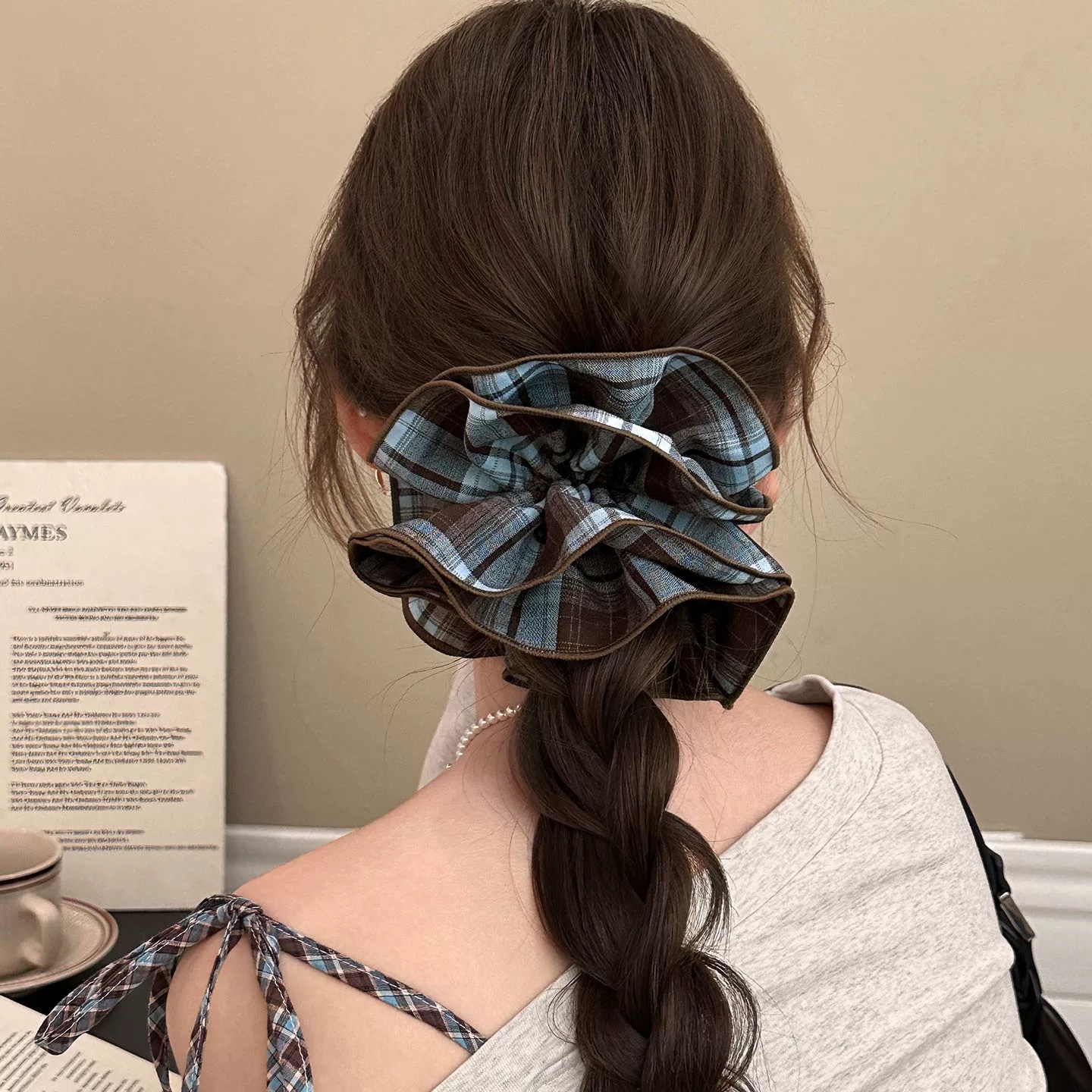 80#Sea salt blue mocha color block plaid four layers about 16cm