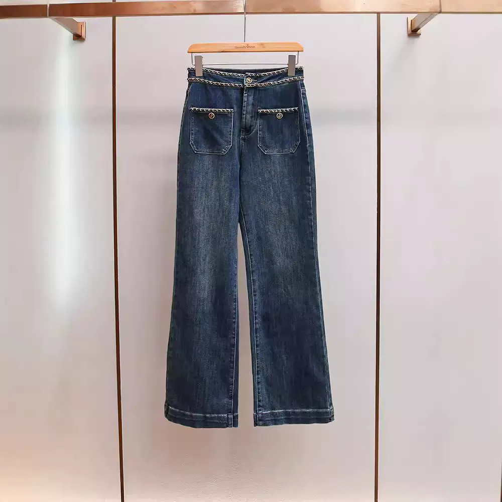 深圳南油高端女装复古美式链条设计感显瘦高腰直筒阔腿牛仔裤女