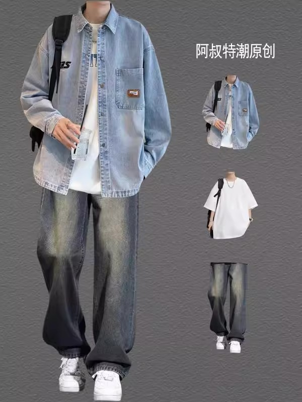春季男士牛仔衬衫套装男男生长袖外套青少年潮流一套搭配帅气男装|undefined