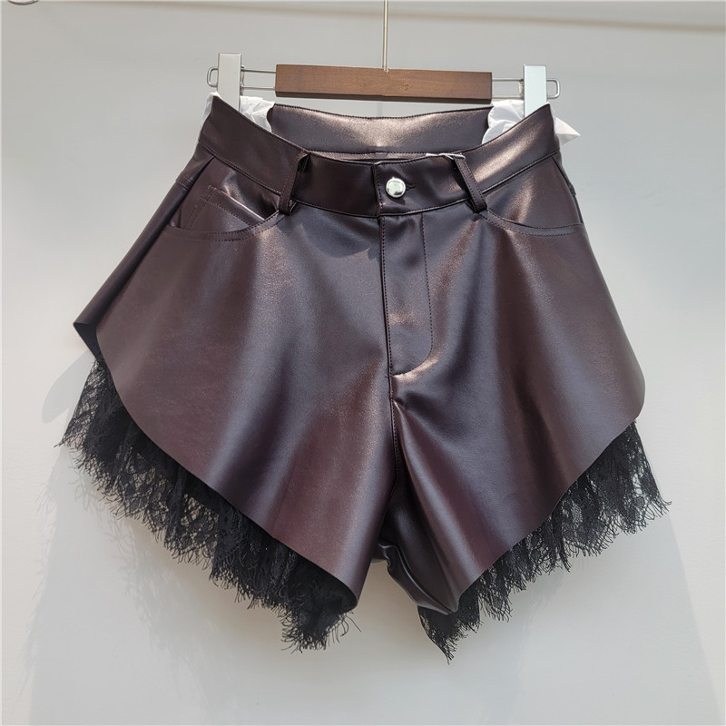 Pantalones Cortos de Cuero PU para Mujer de Talle Alto con Encaje