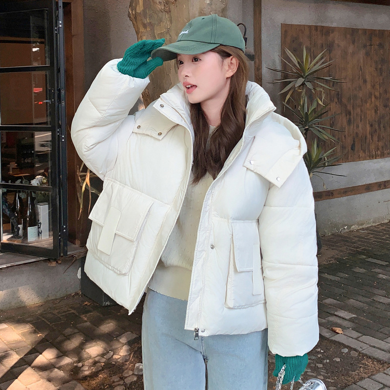 Ropa de algodón de mujer corta con capuzas gruesa ropa de pan de algodón coreano todo-completo suelto de bolsillo de mujer estereoscópico chaqueta de algodón caliente