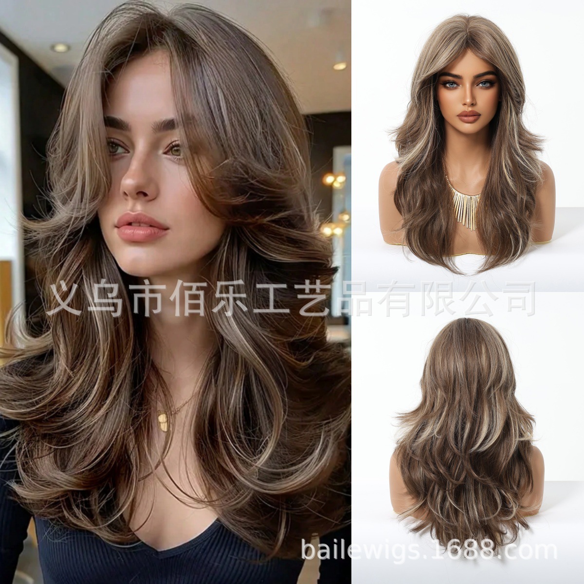 Nuevo estilo europeo y americano peluca marrón relieve cabello rizado wigs flequillo de ocho caracteres conjunto de fibra química mujer Europa y América spot al por mayor