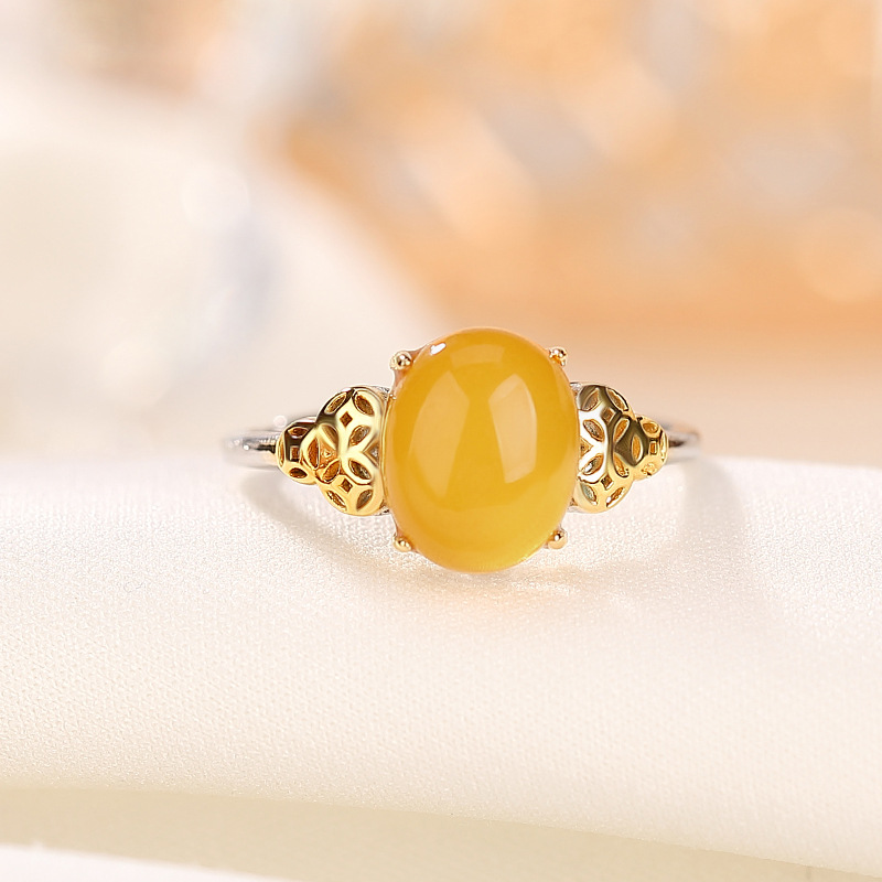 Nhẫn mặt trứng đồng xu sáp ong mạ vàng bạc Yilu S925 phong cách dân tộc — Mở (một kích thước)