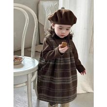 童装2025秋冬女童连衣裙套装儿童洋气宝宝毛呢复古格子背心加绒裙