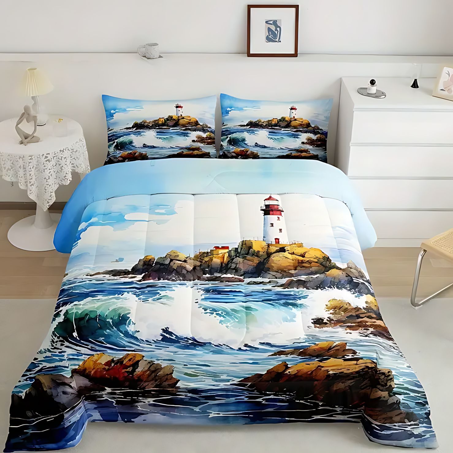 TEMU / JIT transfronterizo ocio vista al mar impresión digital 180gms suave y cómodo edredón conjunto de ropa de cama