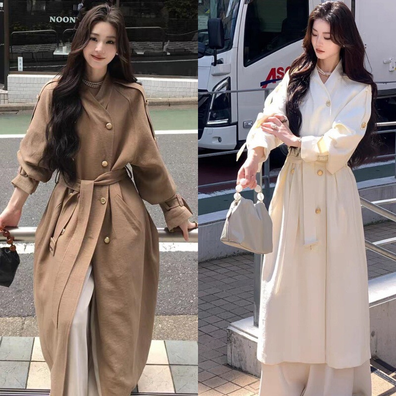 早秋穿搭巨好看风衣女2025新款高个子亚麻双排扣肩带长款大衣外套|undefined