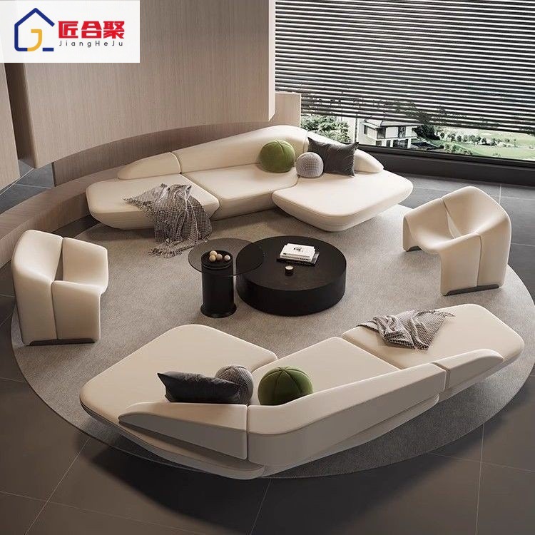 Cream-colored minimalist sofa, irregular-shaped corner sofa, light luxury sofa for sales offices, lobbies, beauty salons, and reception areas