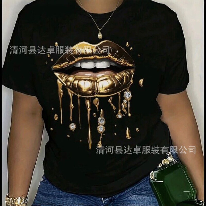 300g New Trendy Brand Pure Cotton Short-Sleeve T-Shirt for Women, Loose Fit, Round Neck, Gold Lip Print, Fashionable and Versatile, Cross-Border Hit
