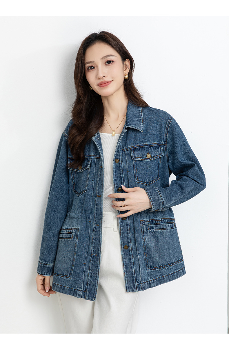 Áo khoác denim dáng dài phong cách workwear Mỹ cổ điển, form rộng thoải mái — xanh lam chi tiết 20