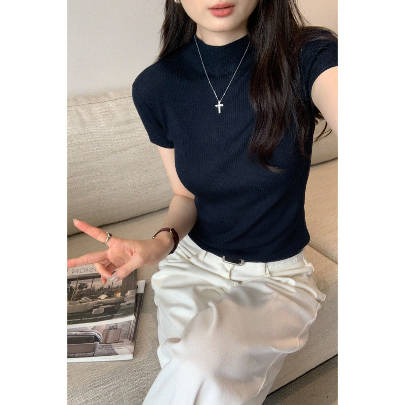ホット販売リヨセルテンセル薄いハーフタートルネックショルダー半袖セーター女性のための 2025 夏の新しい Tシャツトップ|undefined