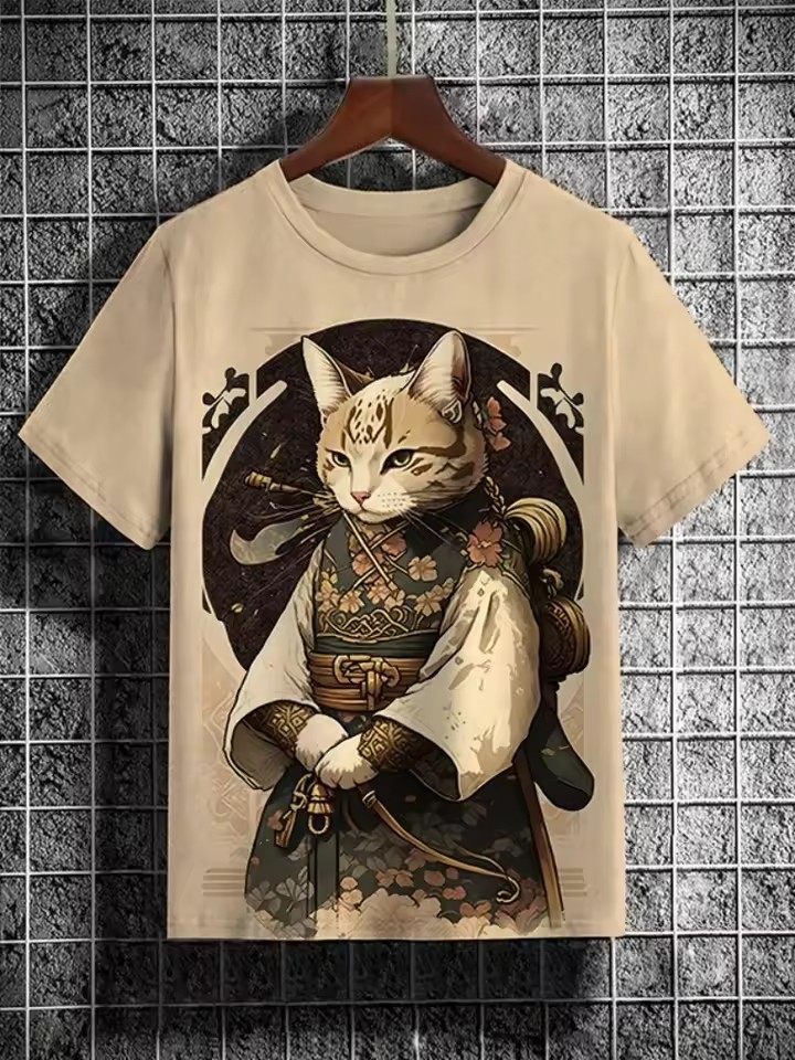 Tinta Jianghu Cat Dog Hero 3D Impresión digital Spot Moda callejera para hombres Camiseta de manga corta con cuello redondo y hombro