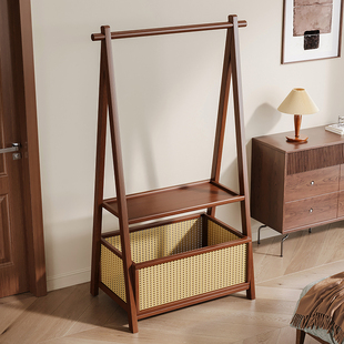 Solid Wood Floor-Standing Coat Rack for Bedroom, Simple Modern New Chinese Style for Living Room, Movable Storage Rack for Guesthouses