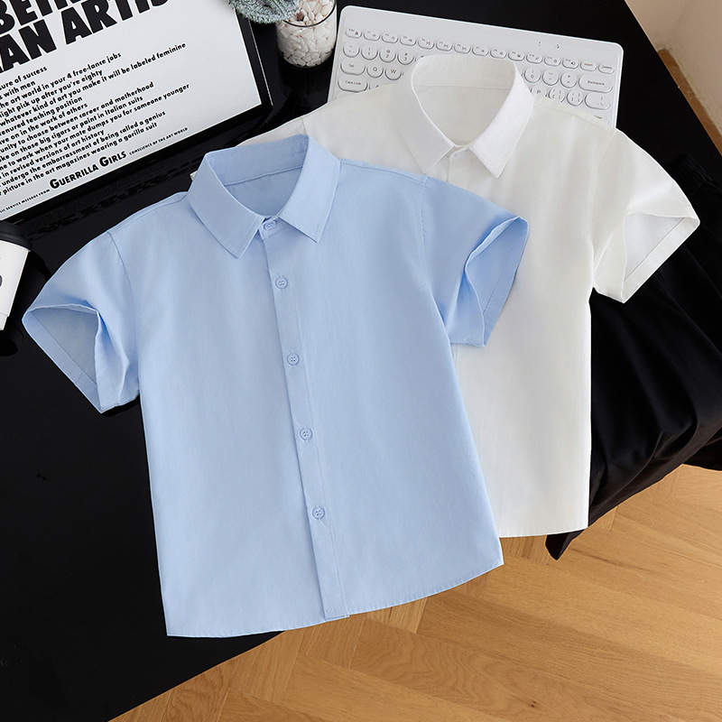 Boys' White Shirt Short-Sleeved Summer Kidsren's White Shirt School Uniform Host Performance Clothing Shirt White Summer Short-Sleeved
