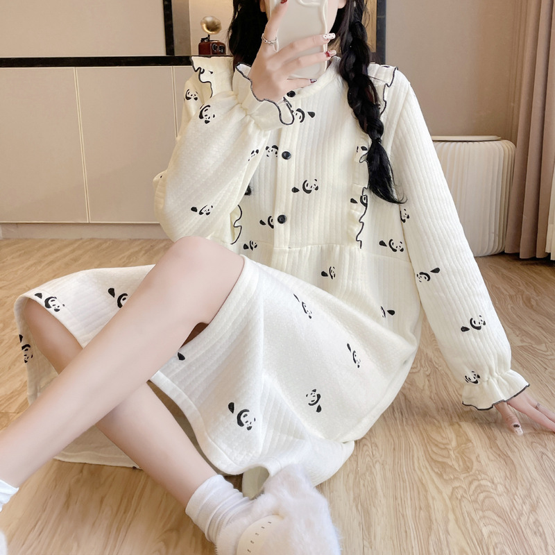 Autumn and Winter All Cotton Warm Long-sleeved Sweet Casual Sleeping Dress Three-layer Air Cotton Sandwich Pregnant Women's Home Luna Dress