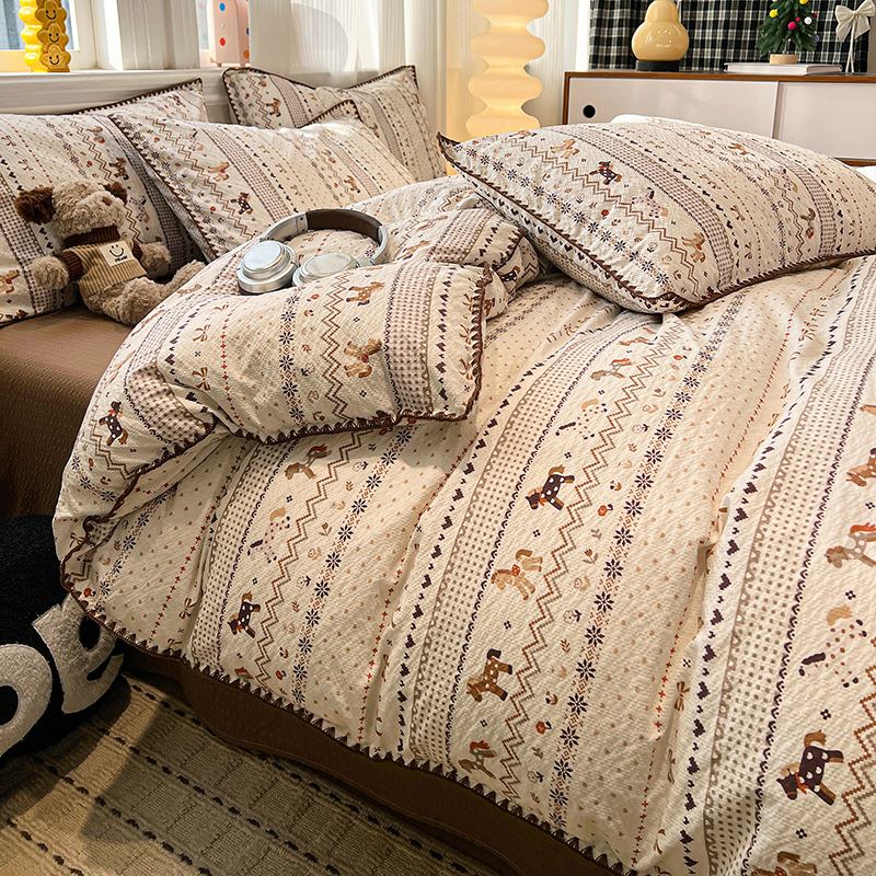 Bohemian Style A-Grade Pure Cotton Double-Layer Gauze Four-Piece Set, All-Cotton Bed Sheet and Duvet Cover, Fresh and Simple Student Three-Piece Set