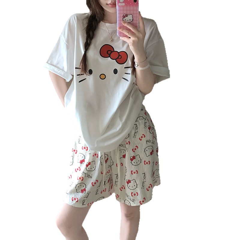 Dibujos animados Hellokitty pijamas estampados mujer 2025 nuevo verano algodón de manga corta pantalones cortos traje de servicio a domicilio
