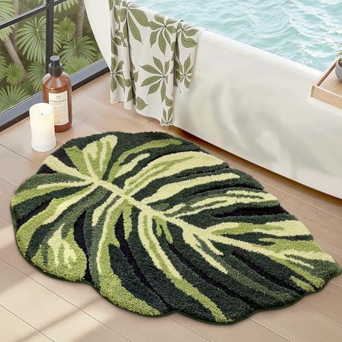 Amazon green plant-shaped leaf imitation cashmere floor mat, bathroom absorbent and wear-resistant foot mat, easy-to-clean entryway shoe changing mat