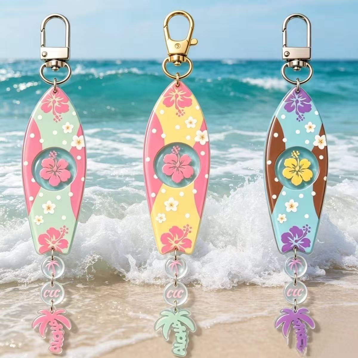 Summer Surfing Skateboard Hibiscus Flower Pendant Fresh Hawaiian Style Acrylic Carabiner Keychain Bag Charm