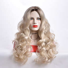 跨境假发wigs欧美女时尚浅金色渐变化纤假发头套波浪卷长卷发头套