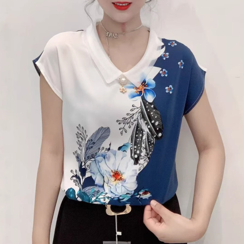 Dropshipping Foreign Trade 2025 New Summer Short-Sleeve Floral Print Blouse, Slimming, Concealing, Age-Reducing, Positioning Floral Shirt for Women