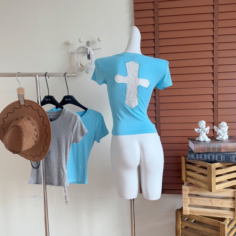 Ramen cotton 260g Yuan Ye Spice Cross Embroidery Lace Stitching Short Sleeve T-shirt Women's Slim Fit Crewneck Slim Top