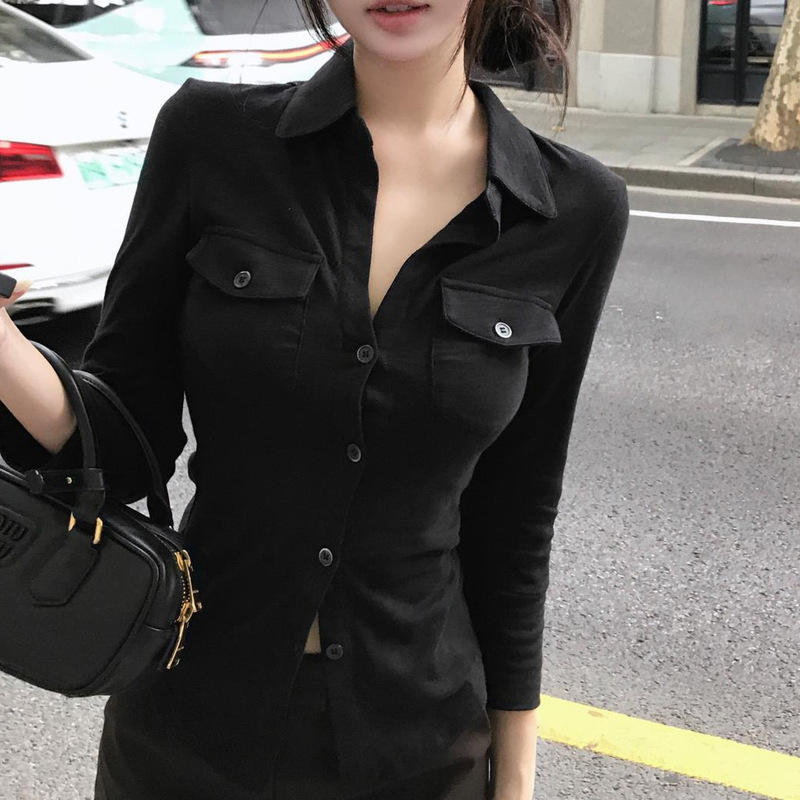 Elegant Pure Style Sexy Lapel Long-sleeved Shirt Women's Early Autumn Slim-fit Tight Waist Strap Shirt White Cardigan Top