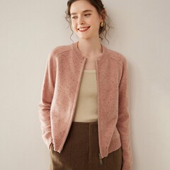 秋冬の新型の純カシミヤのカーディガンの女性は厚くて短いタイプのダブルファスナーのカジュアルな肩の袖のシンプルでゆったりしているニット
