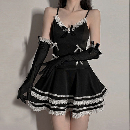 Lolita Maid Costume, Sleepwear Passionate Temptation, No Undress Cute Sexy Tease Camisole Dress Set