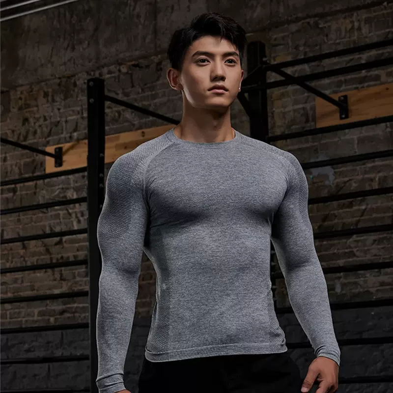 无缝提花运动健身弹力打底T恤紧身显大男子速干户外修身上衣圆领
