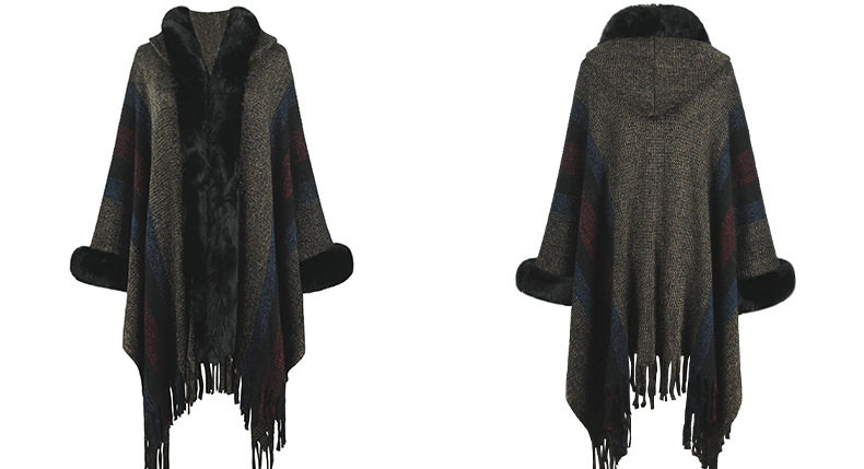 Cape à capuche châle à franges en tricot rayé pour femme_voghion.com