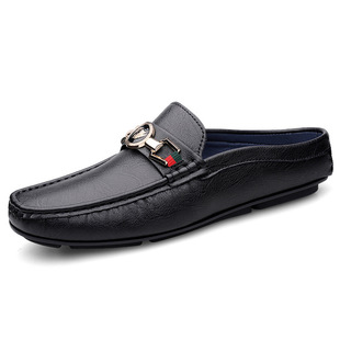Half-Slip Casual Leather Shoes, Casual Leather Shoes for Men, Cowhide Men's Beanie Shoes, Trendy Summer New Style Baotou Slippers, Black