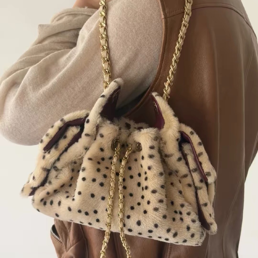 2026 New Mini Leopard Print Polka Dot Plush Drawstring Chain Underarm Bag, Exquisite and Stylish Single Shoulder Crossbody Bag