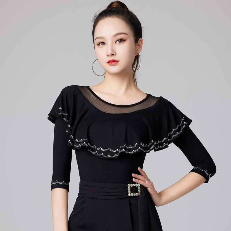 Latin Dance Top Women's New Modern Dance Practice Clothes Elegant Ruffled Dance Clothes Middle Sleeve Ballroom Dance Clothes