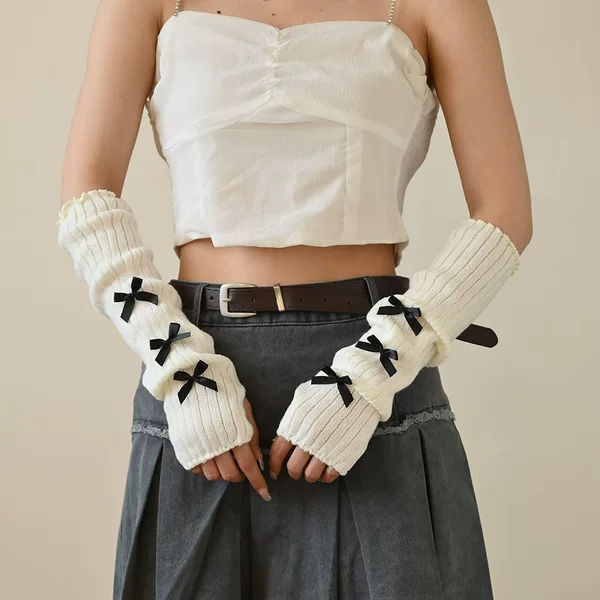 Warm Arm Warmers with Bowknot Y2K Style Millennium Fingerless Gloves Street Style Punk Jk Girl Japanese Style