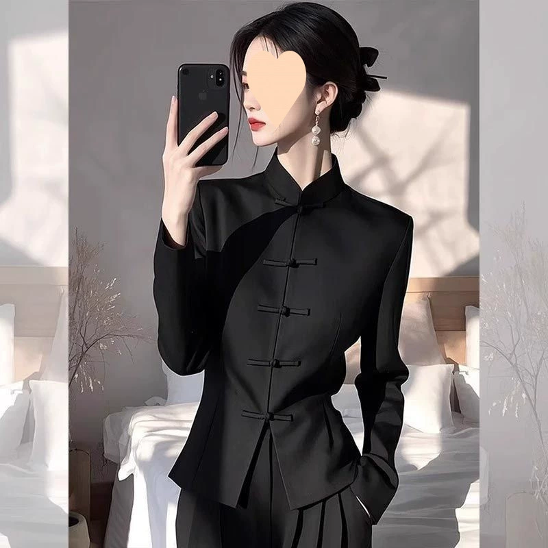 2025 новый элегантный костюм в стиле китайской моды, рубашка на пуговицах и черные брюки, модный двухкомплектный набор