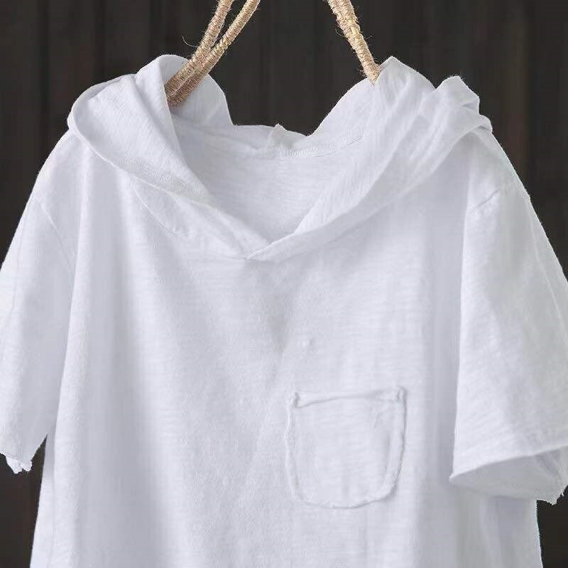 2026 Original 100% Cotton Hooded T-Shirt for Women, New Summer Style, Loose Cotton Short-Sleeve Artistic Distressed Casual Top 2026 Original 100% Cotton Hooded T-Shirt for Women, New Summer Style, Loose Cotton Short-Sleeve Artistic Distressed Casual Top
