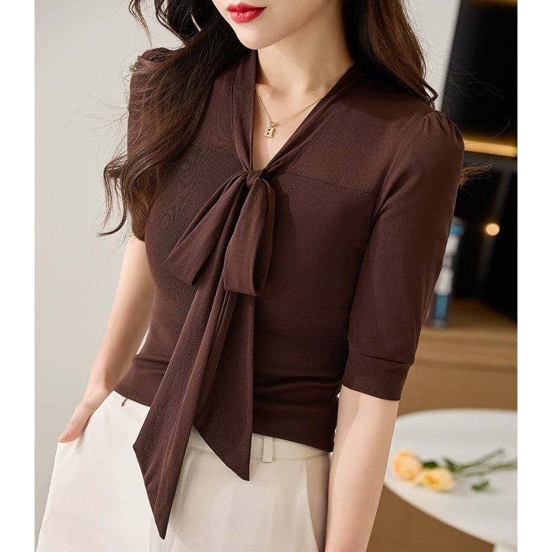 Модная рубашка с бантиком с короткими рукавами, летняя европейская сексуальная рубашка с сетчатым воротником, тонкая и темпераментная рубашка