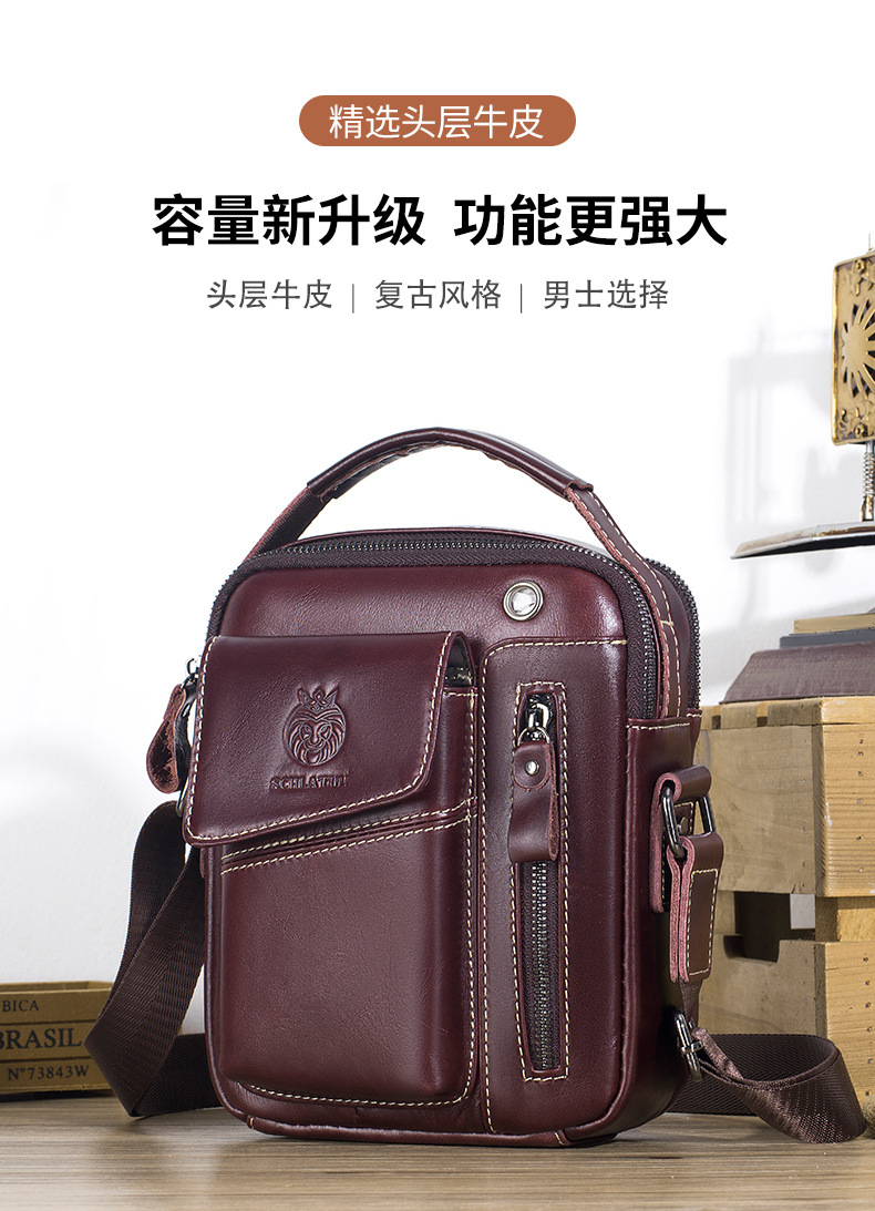 Túi đeo chéo nam da bò thật Lion Leiden kiểu cổ điển, nhỏ gọn, dành cho đi làm — Màu cà phê, Màu nâu, Màu đen chi tiết 1