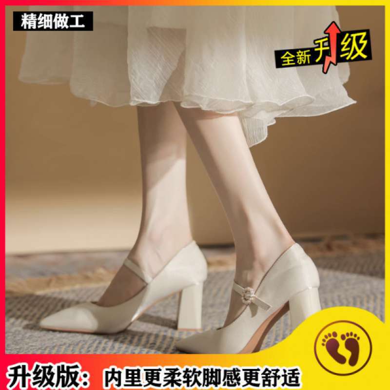フレンチハイヒールの女性の夏の 2025 新しい白いチャイナドレスの靴ブライズメイドの結婚式の靴 7cm 厚いヒールの女性のための浅い口の靴|undefined