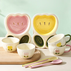New creative ins style high-looking tulip household divided ceramic cute cartoon plate, bowl and cup combination set