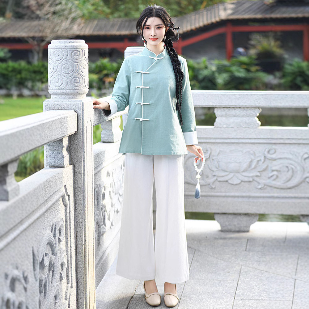 2501 Spring and Autumn New Chinese Style Women's Zen Suit Work Clothes Han Dynasty National Style Tea Artist Clothing Tea Clothes for Women