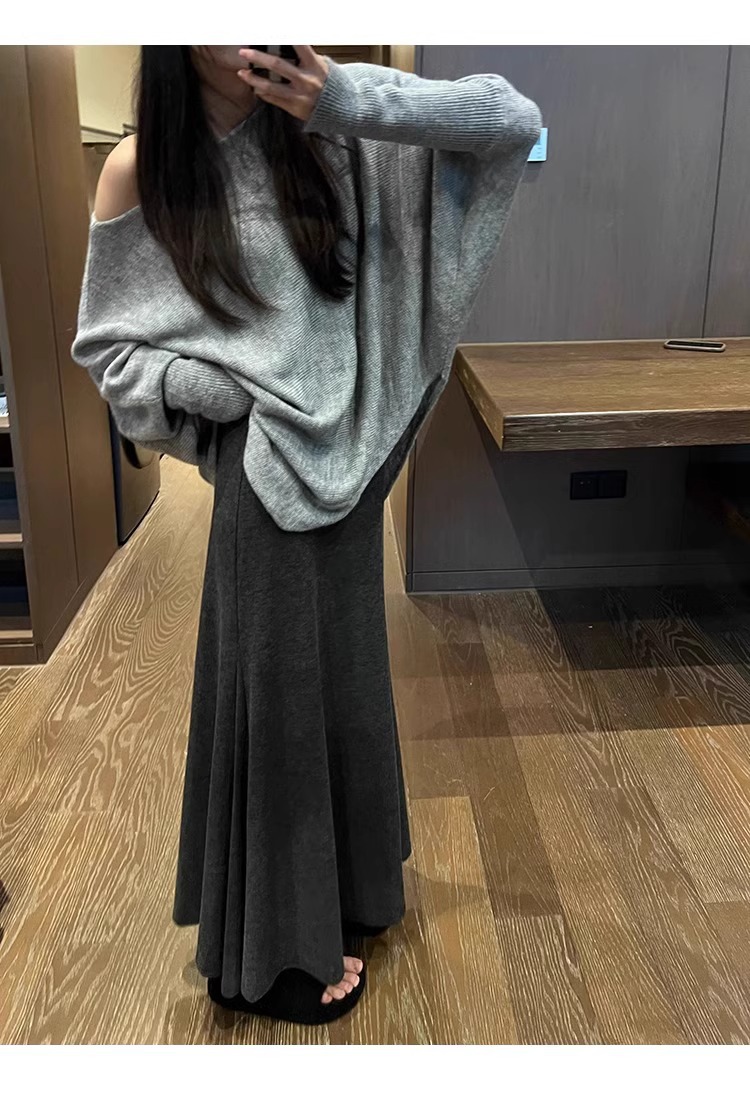 ​​Relaxed High-Waisted Wool-Blend Mermaid Maxi Skirt – Flowy A-Line Long Skirt With Stretchy Waist, Dark Grey/Black, One Size Fits Most​​_ecoleips.com