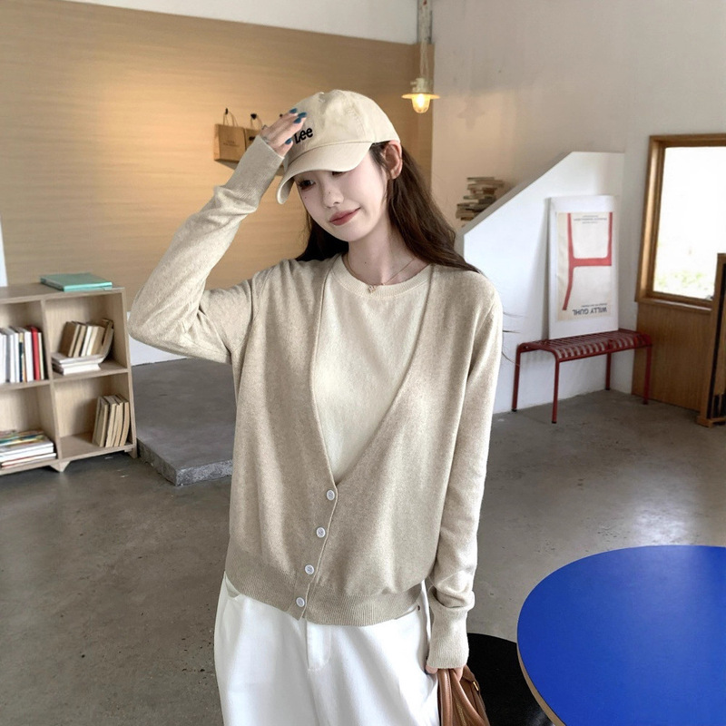 假两件针织衫女秋季新款慵懒风开衫毛衣宽松复古长袖上衣|undefined