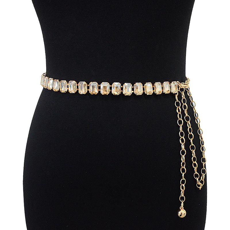 Nuevo cinturón de las mujeres brillante color sólido gema decorativa cristal con incrustaciones cadena de metal cadena de la cintura accesorios en stock al por mayor