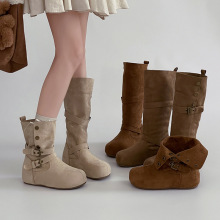 2025秋冬圆头内增高皮带扣中筒马丁靴女复古风绒面套筒优雅时装靴